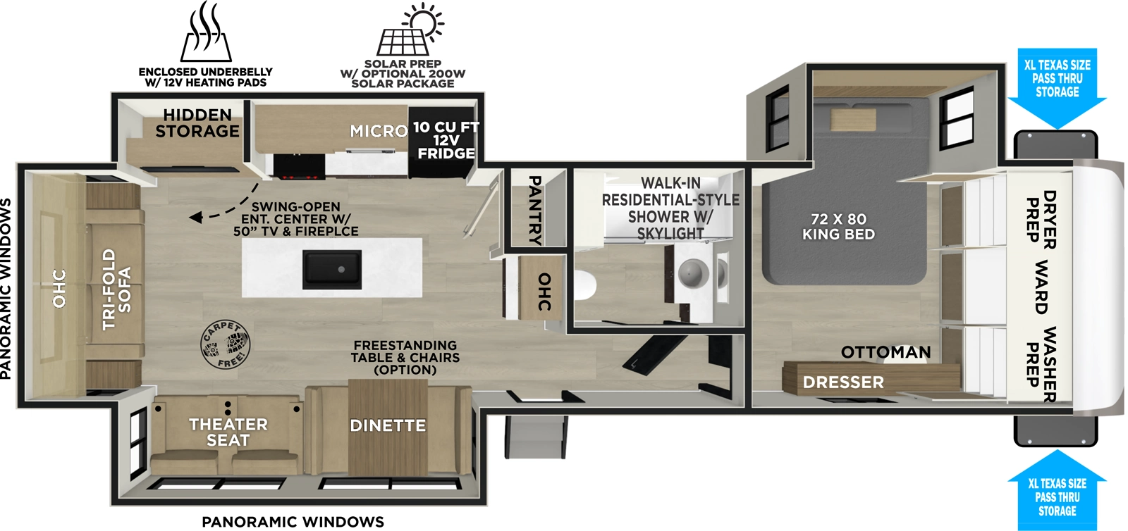 The Heritage Glen Travel Trailers 308RL floorplan has one entry and three slide outs. Exterior features include: fiberglass exterior and 12' & 14' awning. Interiors features include: kitchen island, free-standing dinette option, front bedroom and rear living.